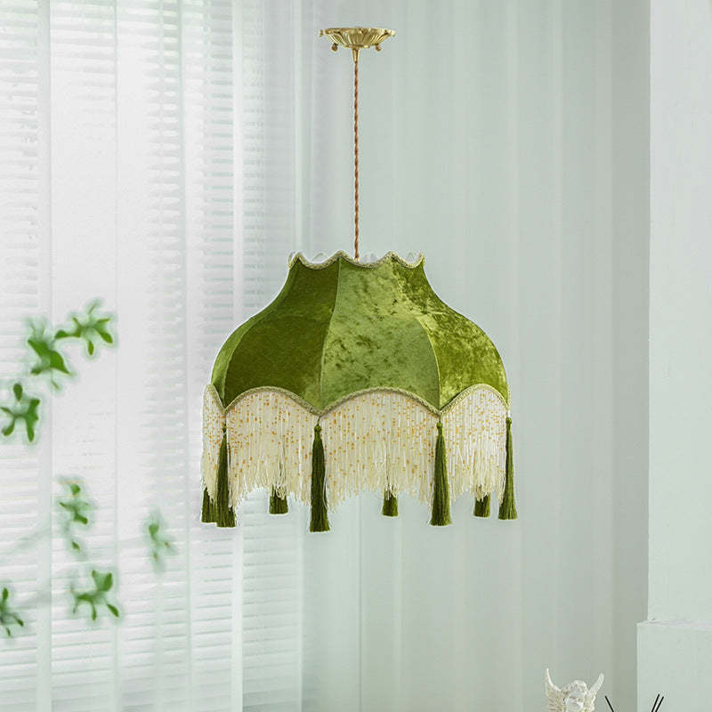 French Vintage Fabric Tassel Brass Pendant Light