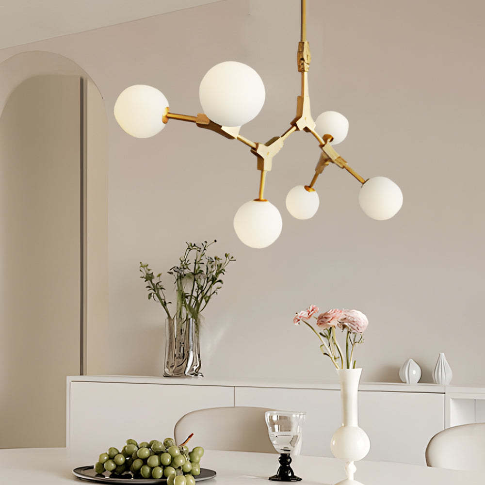 Gold Molecule Chandelier with White Glass Shades