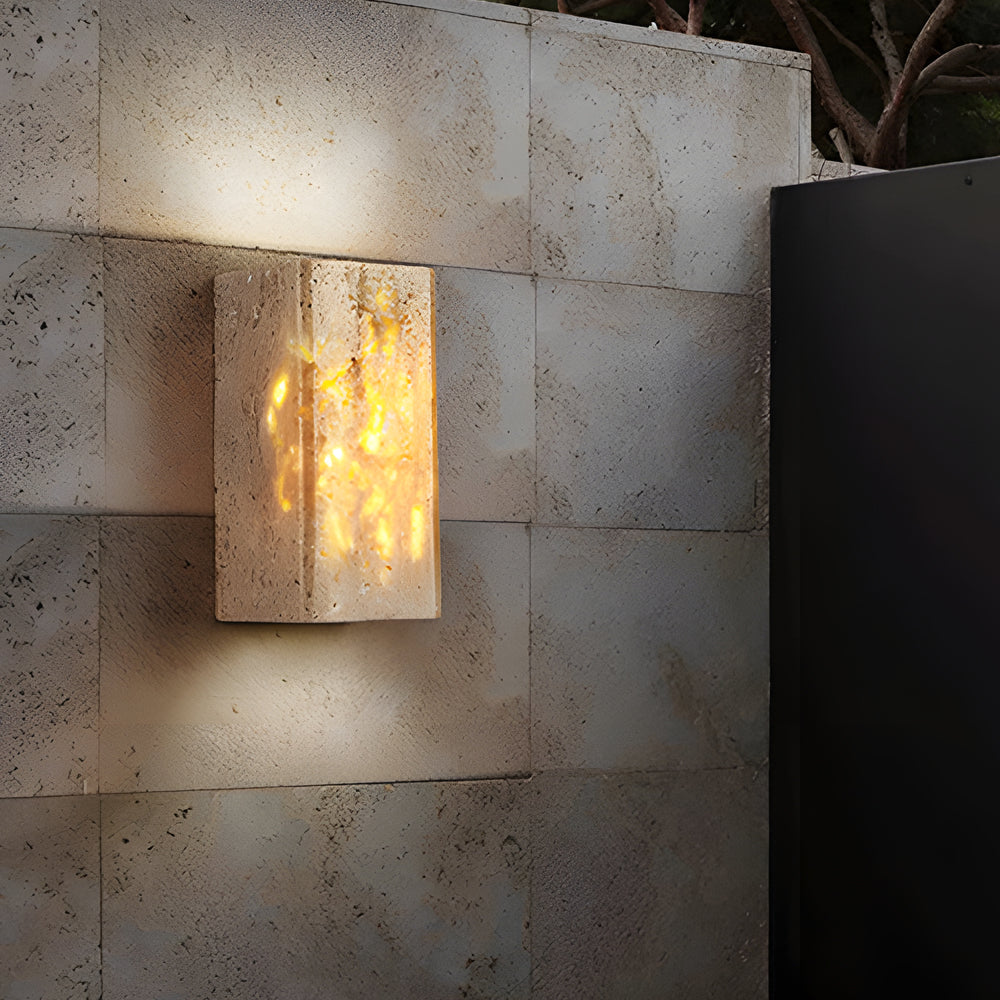 Modern wabi-sabi travertine natural stone outdoor wall lighting, Lighom — 3.1" L x 3.1" W x 6.3" H