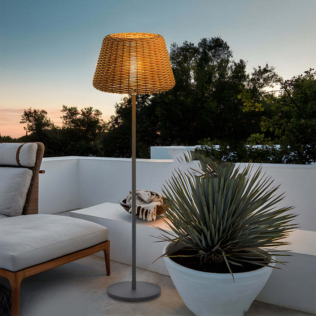 Rustic Woven Rattan Shaded Metal Outdoor Floor Lamp-Lighom
