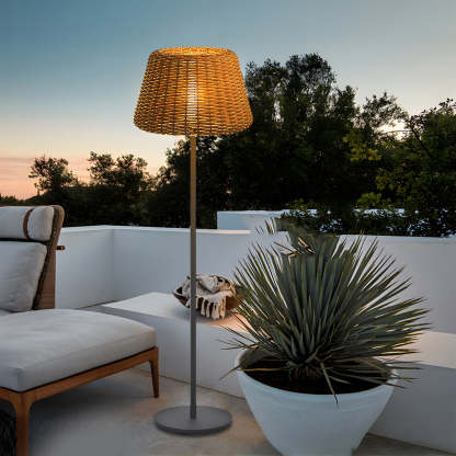 Rustic Woven Rattan Shaded Metal Outdoor Floor Lamp-Lighom