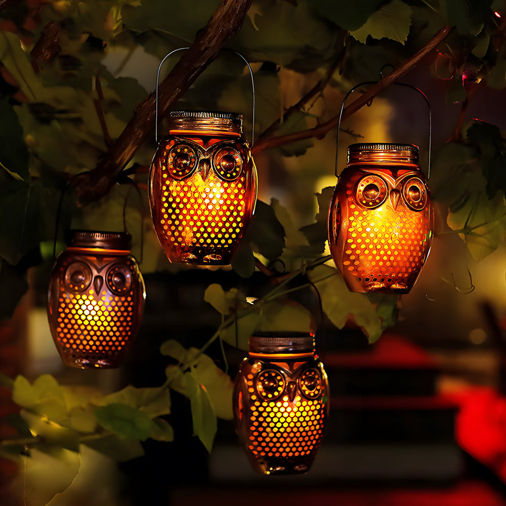 2-Pack Solar Lanterns Flickering Flame Metallic Owl Stake Solar Lights Garden Landscape Lights for Outdoor Decor-Lighom