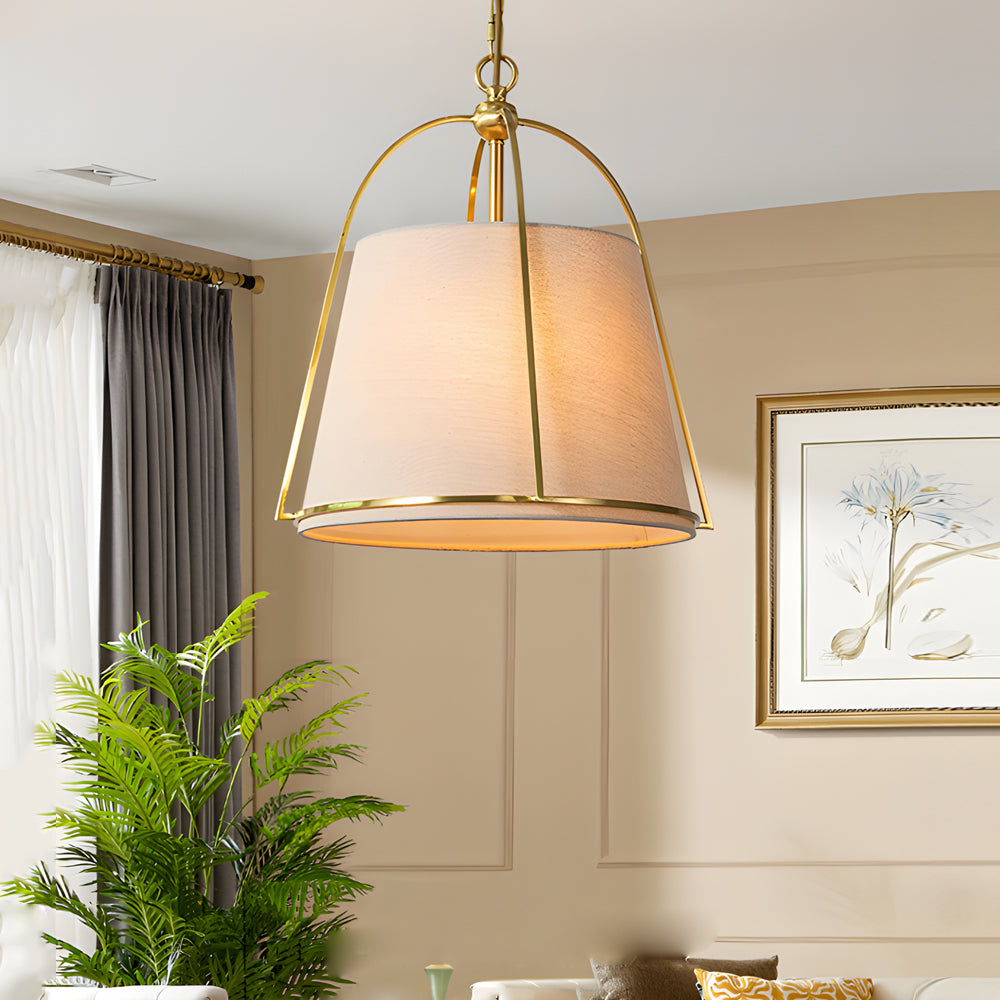 Trapezoid Gold White Fabric Shade Pendant