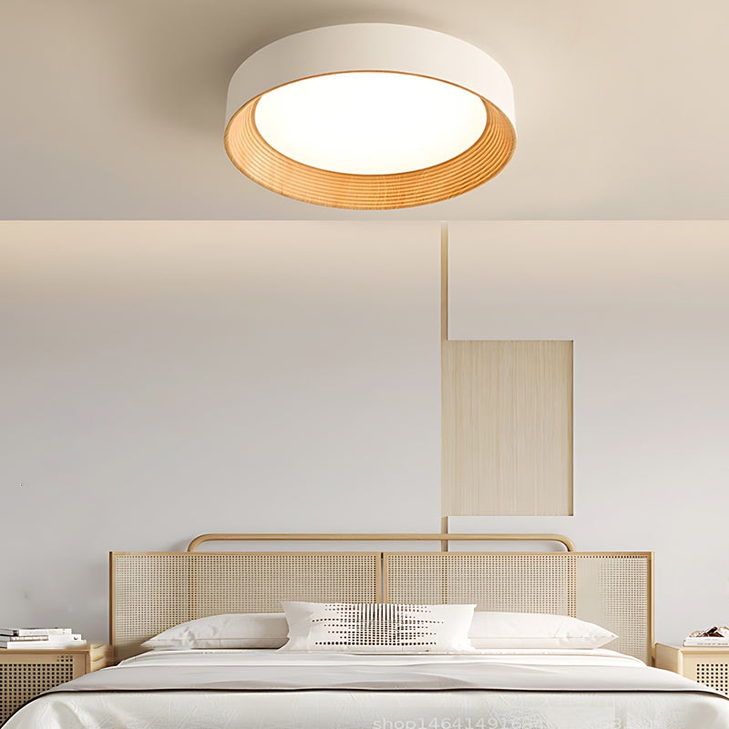 Round Iron Three Step Dimming Modern Wood Texture LED Ceiling Lights Fixture-Lighom