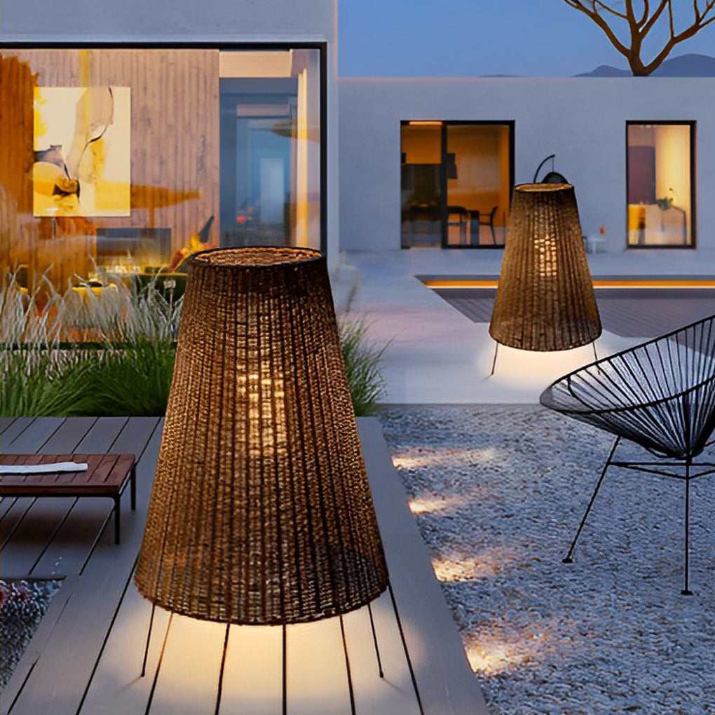 Rattan Shaded Tripod Metal Outdoor Floor Lamp
