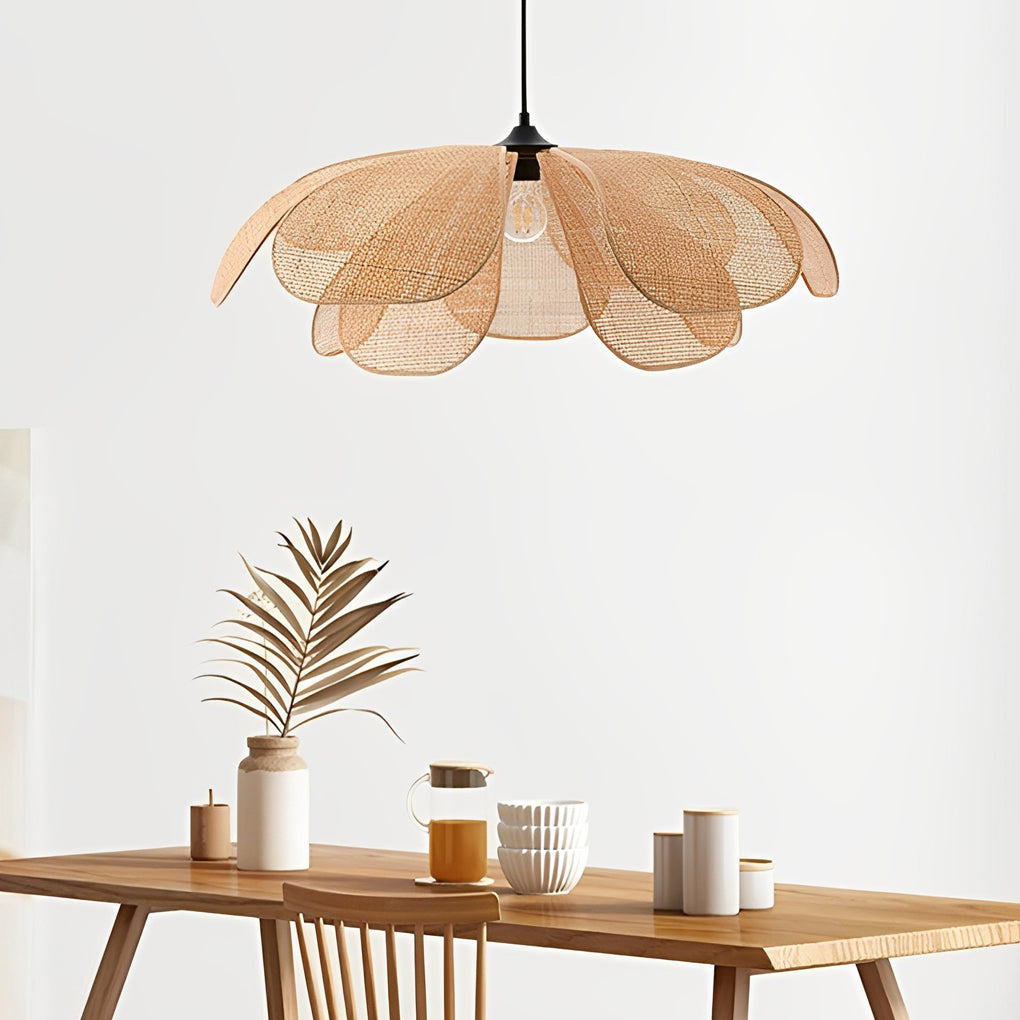 Rustic petal flower natural pendant lighting in rattan — Dimmable with Remote