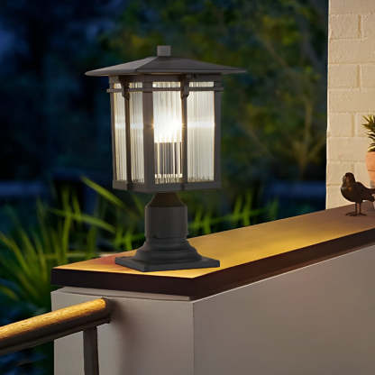 Striped Glass Shade LED Waterproof Black Modern Outdoor Post Lights-Lighom