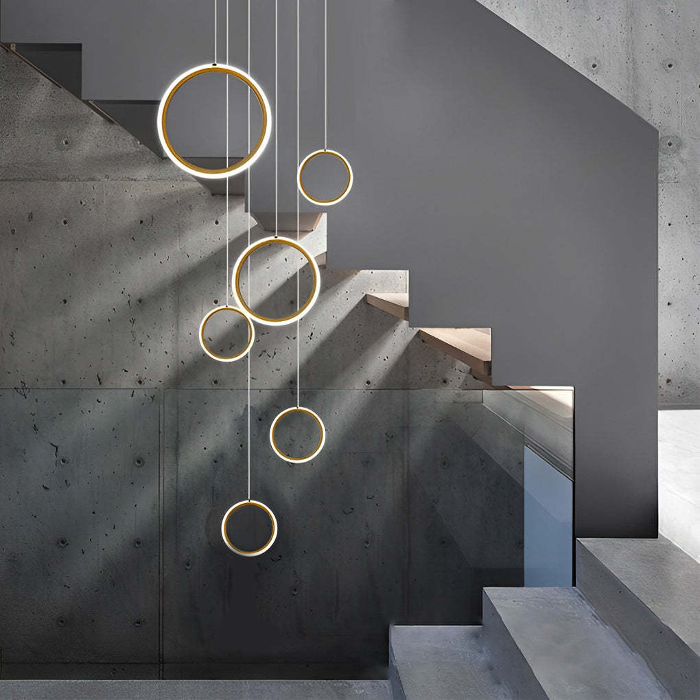 6/8-Ring LED Aluminum Modern Long Staircase Chandelier — 8-Light