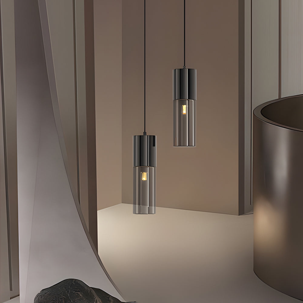 Small Cylinder Mirror Metal Smoke Gray Glass Pendant Light