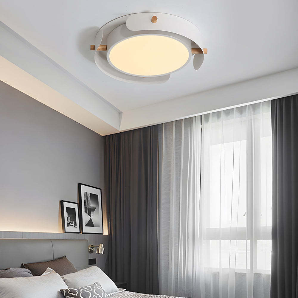 Round Nordic White Metallic Wood Drum Flush Mount Light