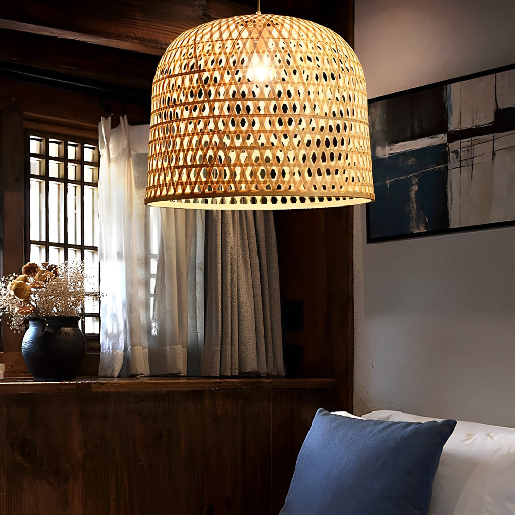 Round Bamboo Hand Woven Pendant Light Nature Inspired Country Ceiling Light-Lighom