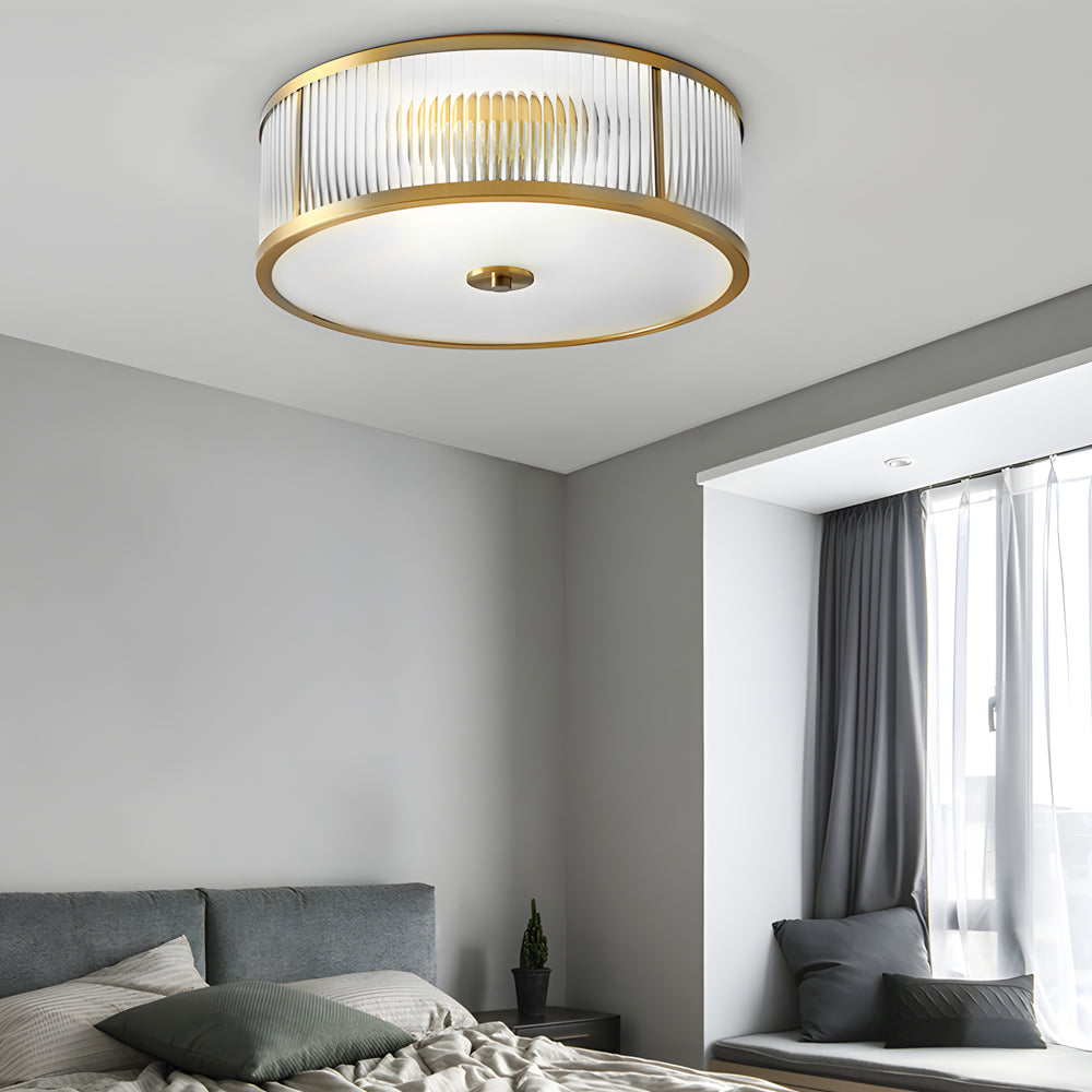 Drum Brass Clear Ribbed Glass Flush Mount Light