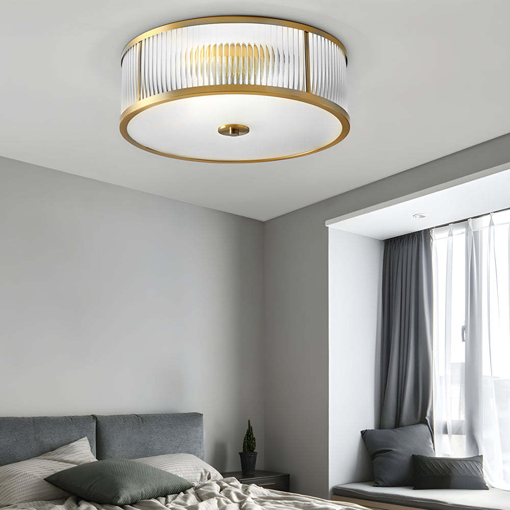 Drum Brass Clear Ribbed Glass Flush Mount Light