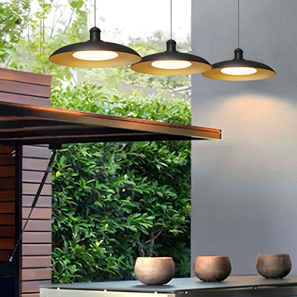 Round Black Hanging Outdoor Pendant Light - Metal Saucer-Shaped-Lighom