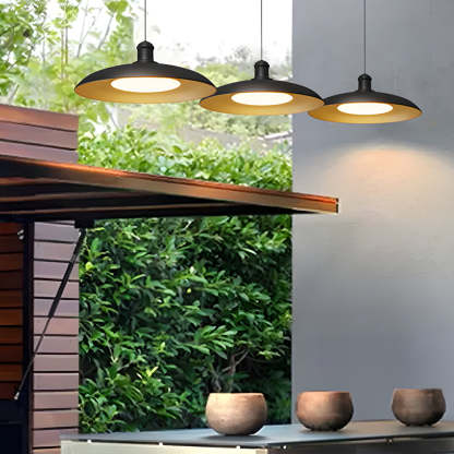 Round Black Hanging Outdoor Pendant Light - Metal Saucer-Shaped-Lighom
