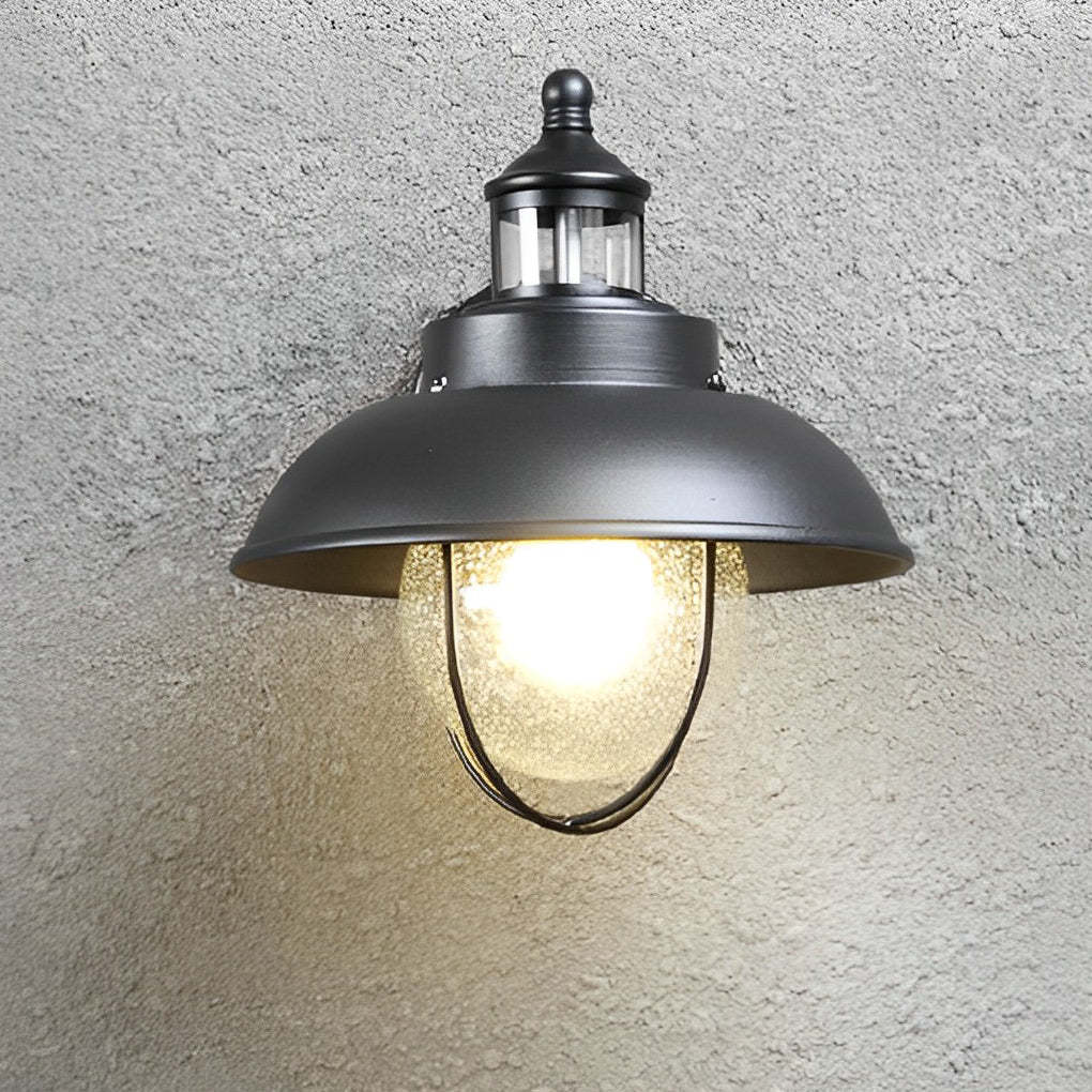 Nautical Black Metal Cage Seeded Glass Outdoor Wall Light