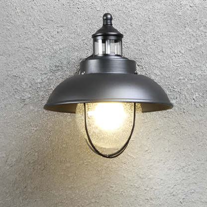 Nautical Black Metal Cage Seeded Glass Outdoor Wall Light