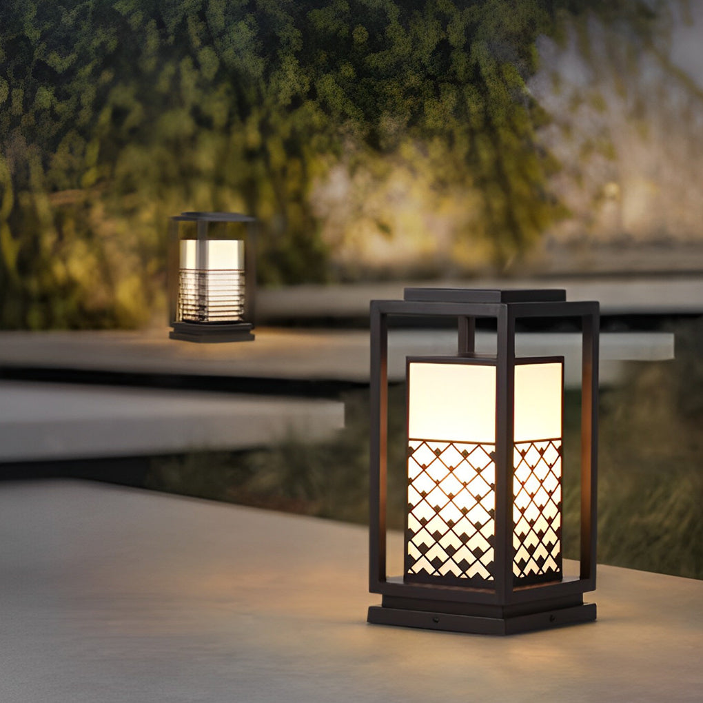 Modern lawn lantern black metal landscape lighting — 6.3" W x 6.3" D x 11.8" H / Hardwired