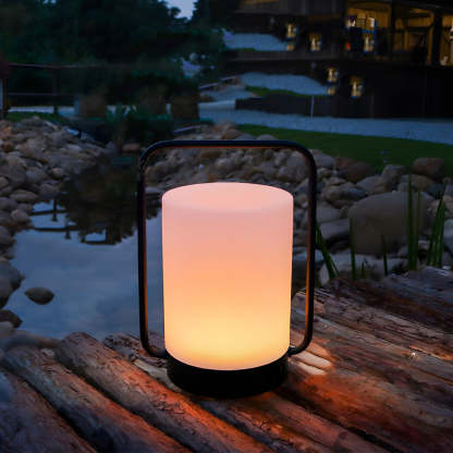 Modern Black Portable Outdoor Table Lamp With White Cylinder Shade, USB, IP65-Lighom