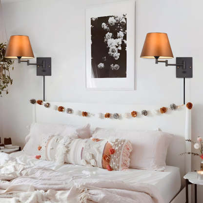 1-Light Linen/Brown/White Plug-In Swing Arm Wall Lamp with Linen Shade-Lighom