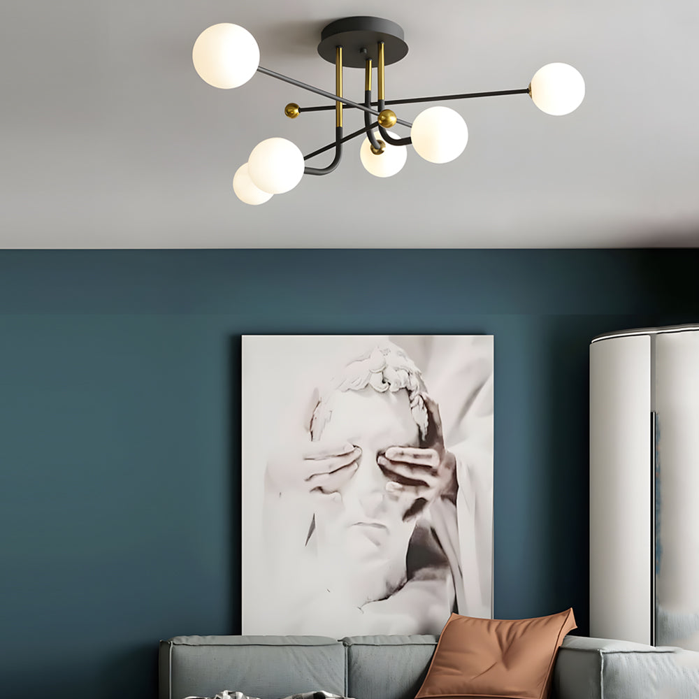 Modern sputnik globe black glass semi-flush mount light — 6-Light