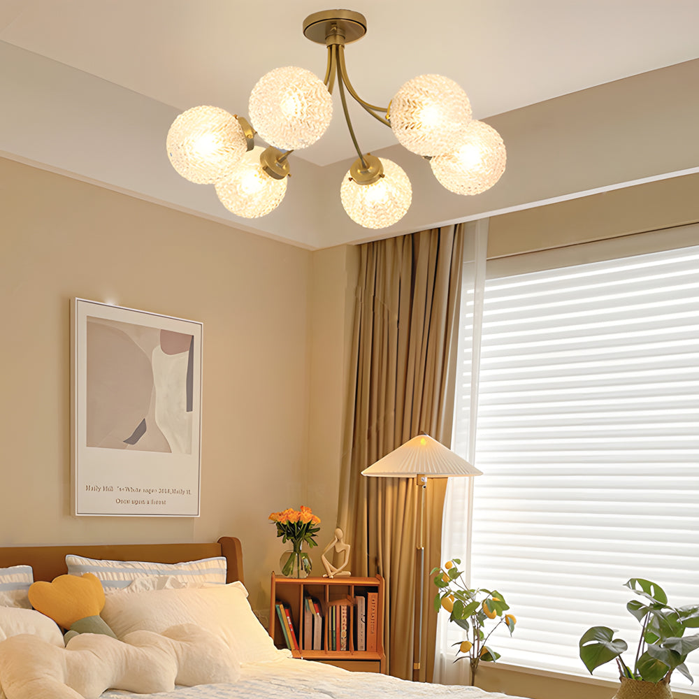 Modern Brass Carved Glass Semi-Flush Ceiling Light