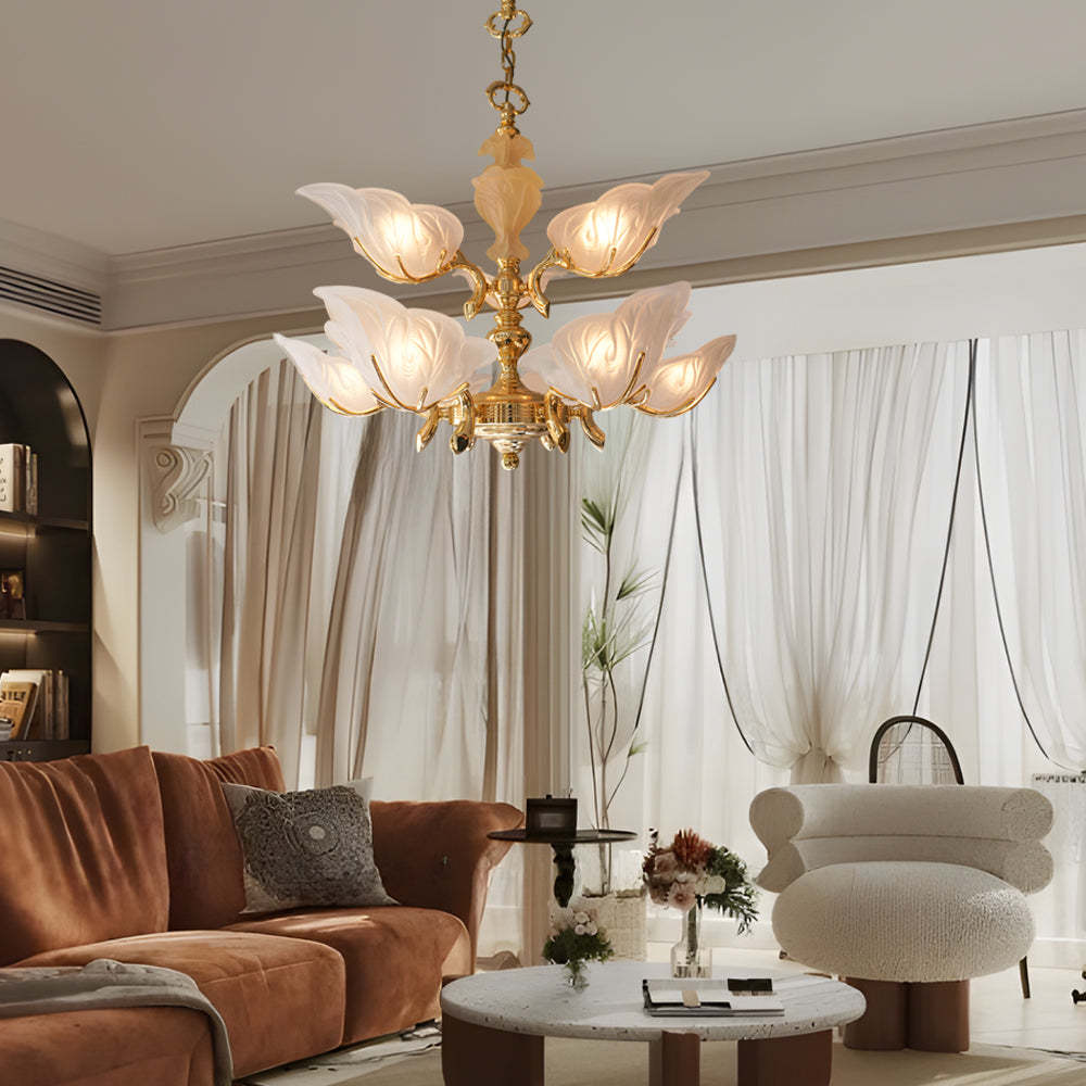 Italian Brass Murano Glass Leaves Chandelier