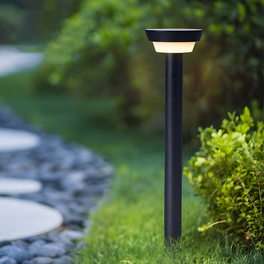 Modern Black Round LED Solar Outdoor Path Light with Stake - Garden Bollard Light-Lighom