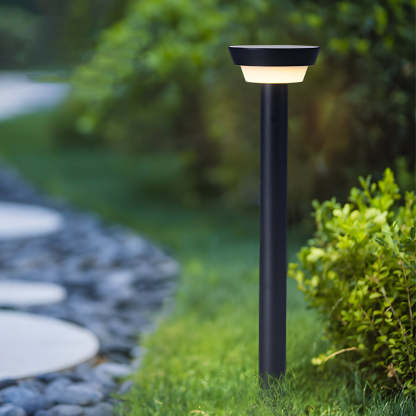 Modern Black Round LED Solar Outdoor Path Light with Stake - Garden Bollard Light-Lighom
