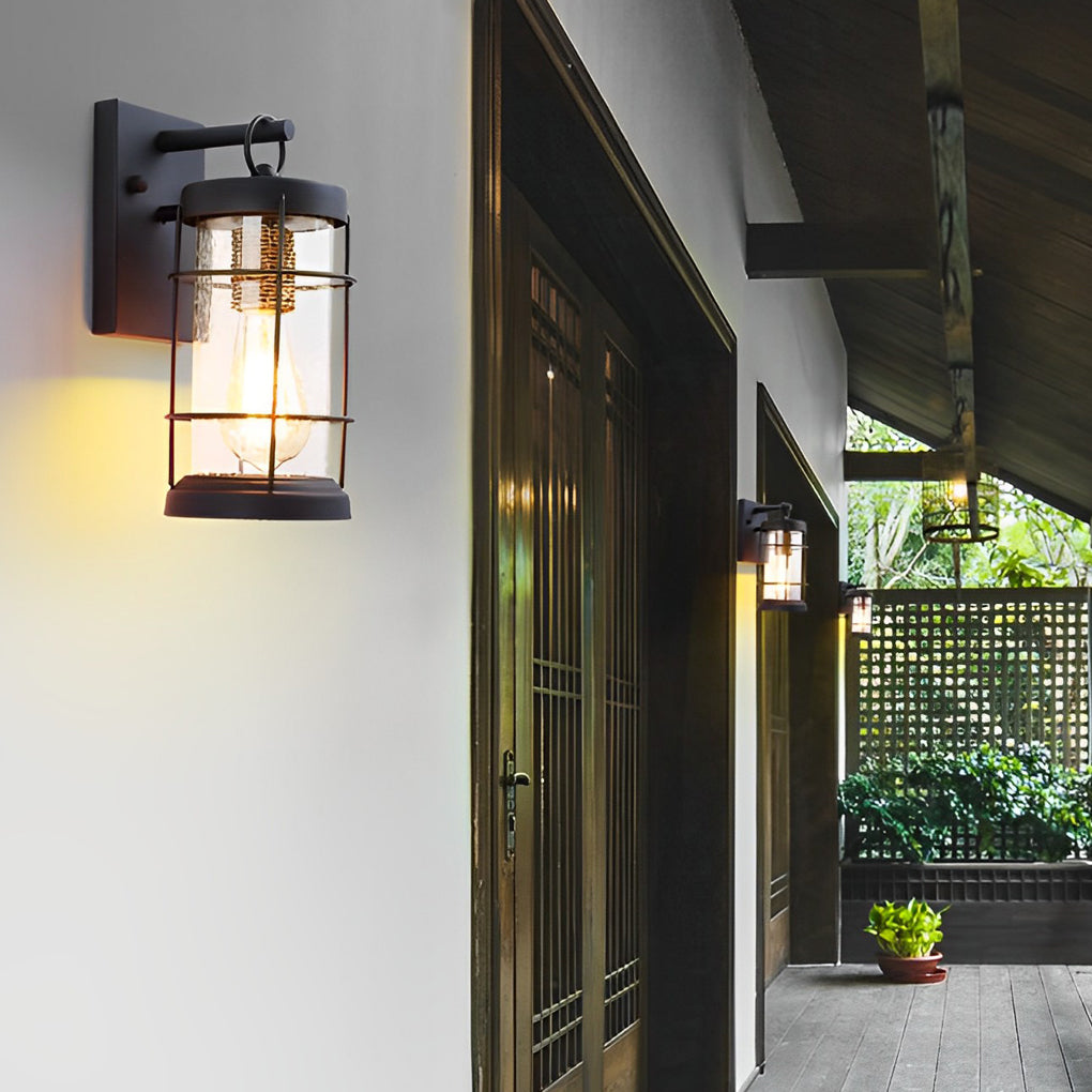 Iron Glass Lantern Black Retro Rustic Wall Light