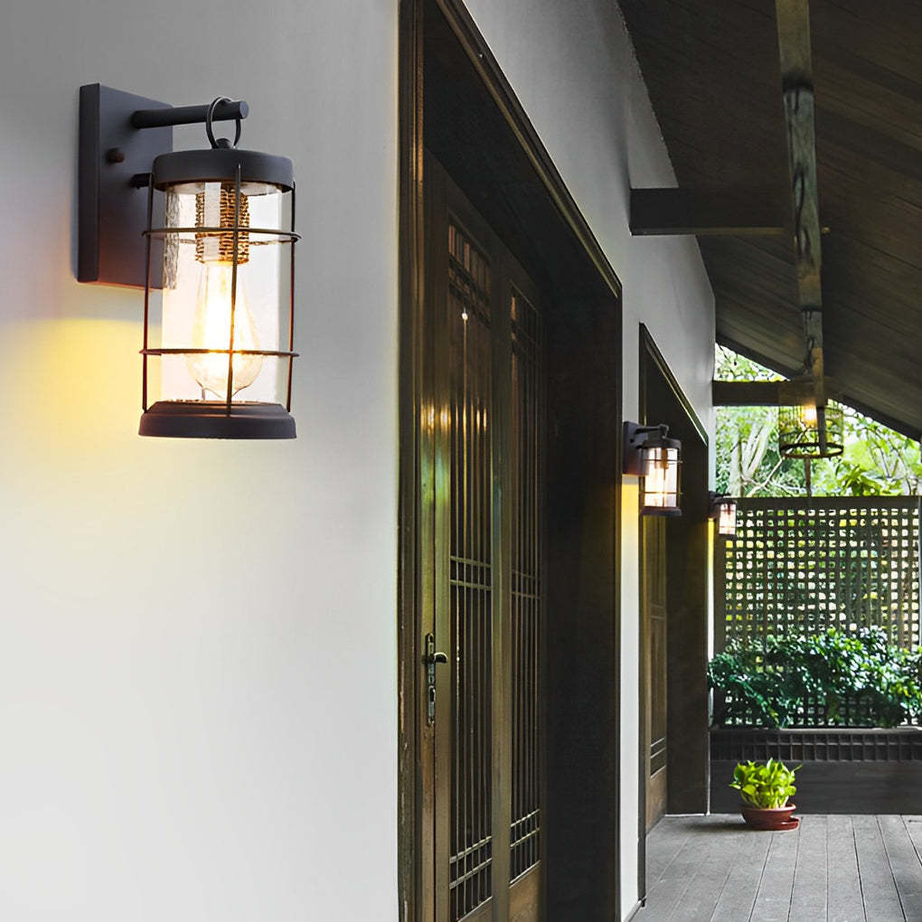 Iron Glass Lantern Black Retro Rustic Wall Light