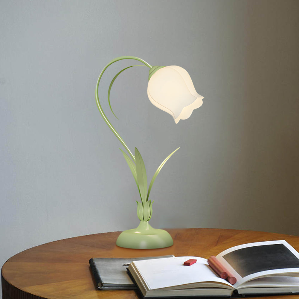 Rustic Green Desk Lamp with White Floral Shade and 3-Step Dimming for Homes-Lighom