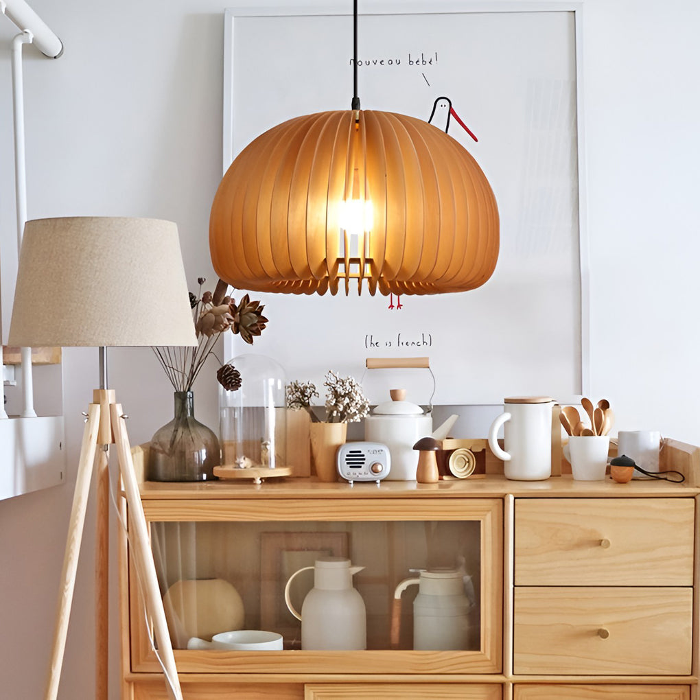 Rustic pumpkin retro pendant lighting in wood — 7" H x 12" Dia