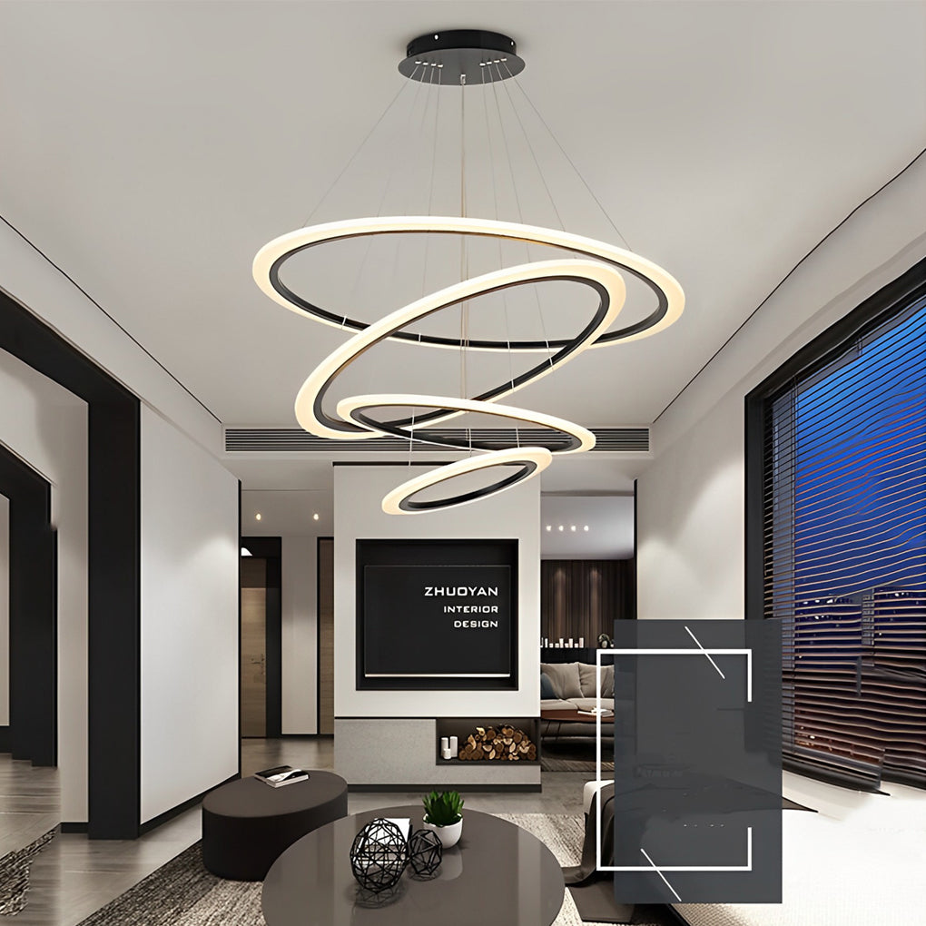Lighom modern geometric 4-ring black chandeliers — Cool White (6000K)
