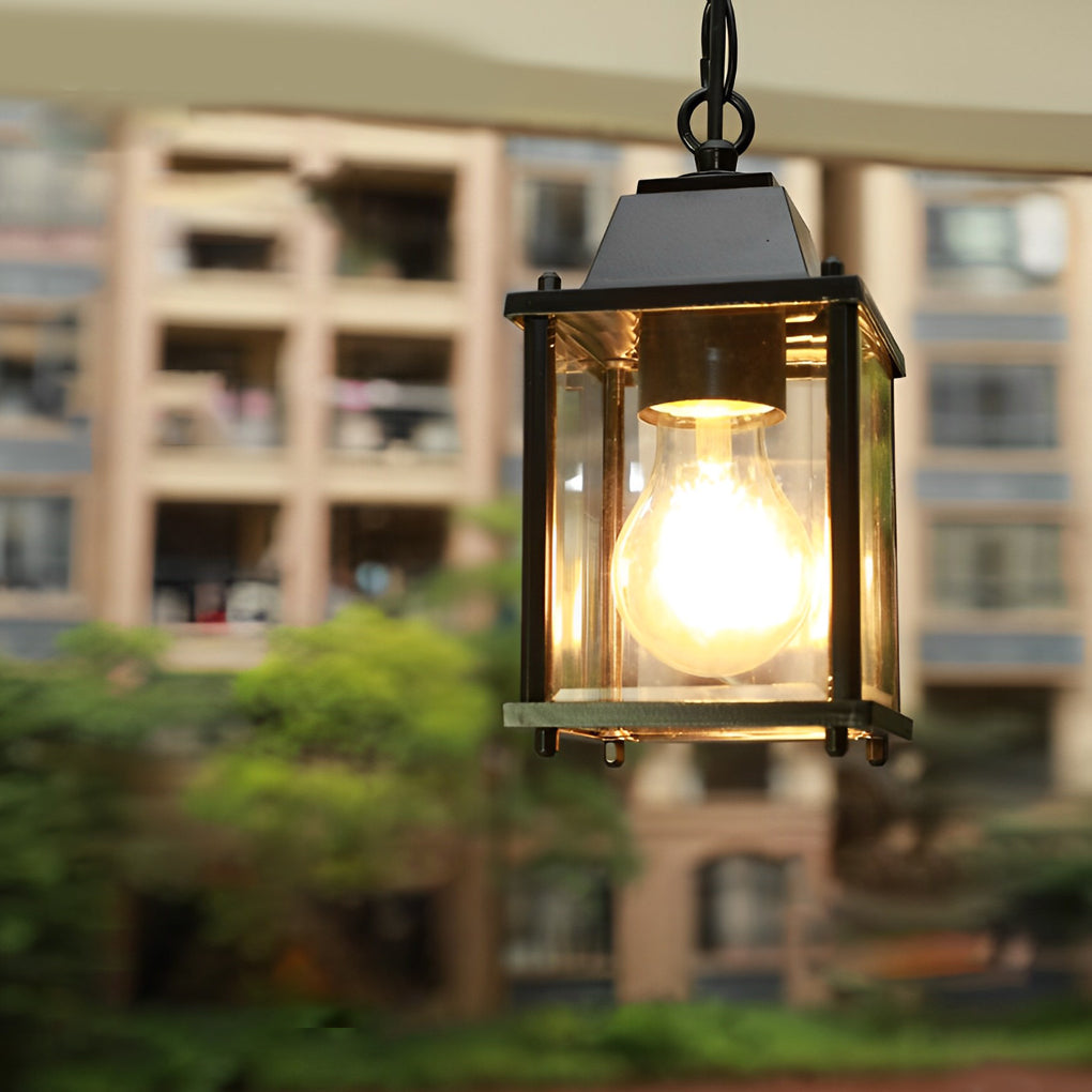 Small Square Waterproof Glass Black Modern Outdoor Pendant Lights-Lighom