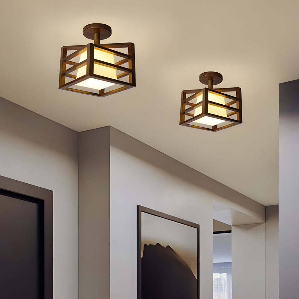 Square Walnut Wood Frame Semi-Flush Ceiling Light