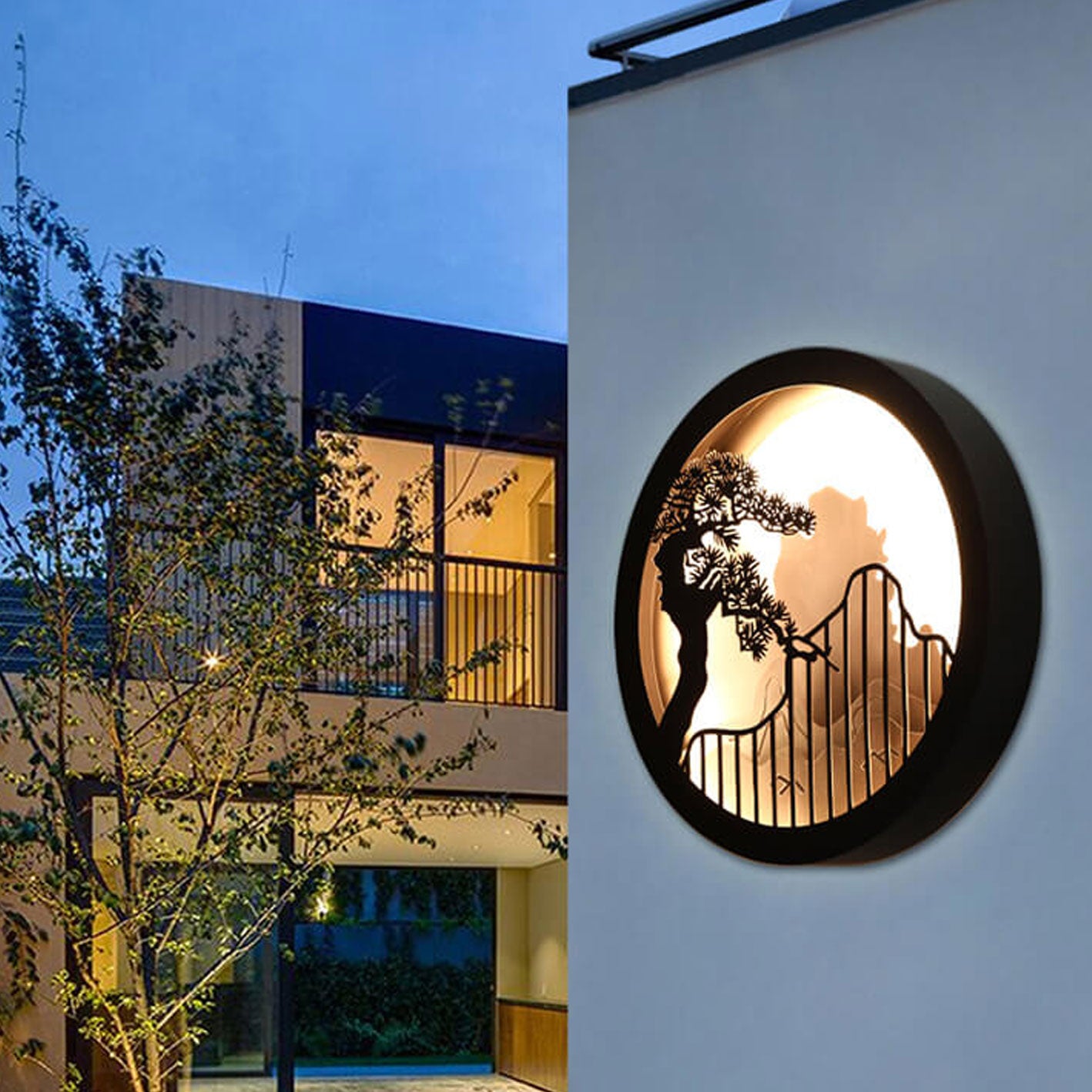 Chinese Landscape Pine Zen Round LED Outdoor Wall Sconce