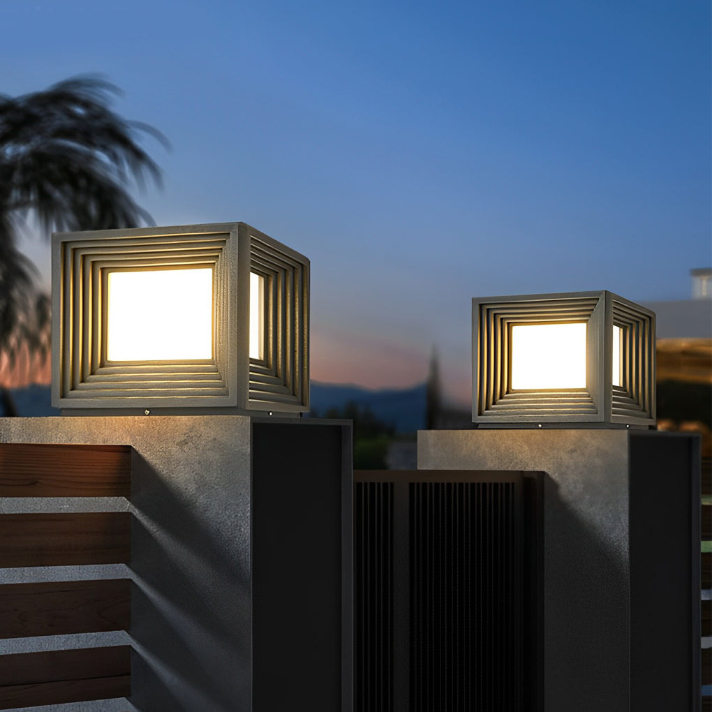 Modern square cap black outdoor post lights in synthetic — 7.9" W x 7.9" D x 6.3" H / Solar