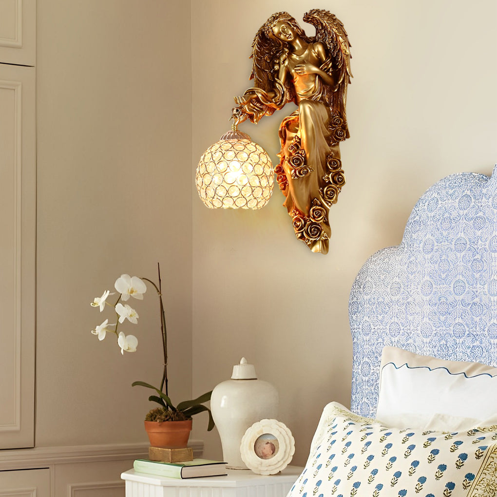 Resin Antique Angel Creative Glass Crystal European Style Wall Lamp-Lighom