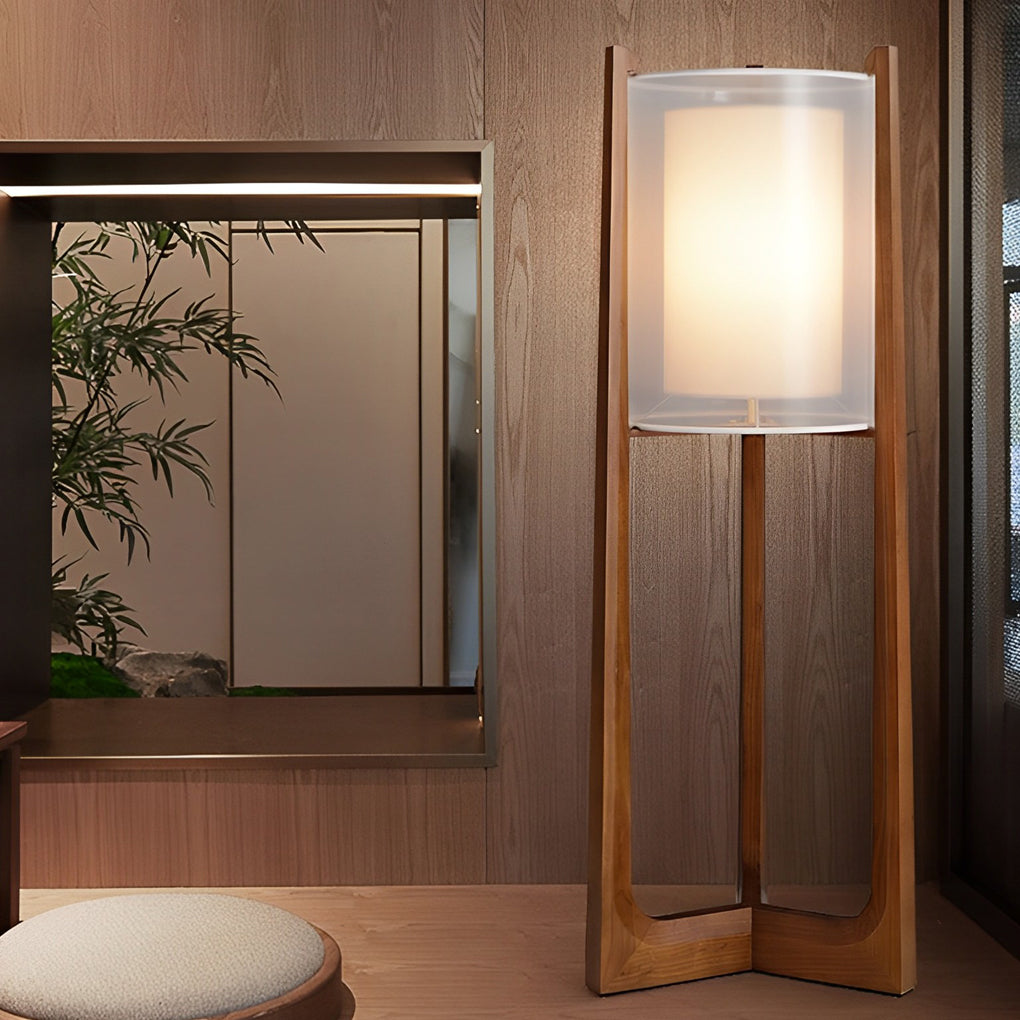 Rustic Japanese-style Wood Standing and Double Shaded LED Floor Lamp-Lighom