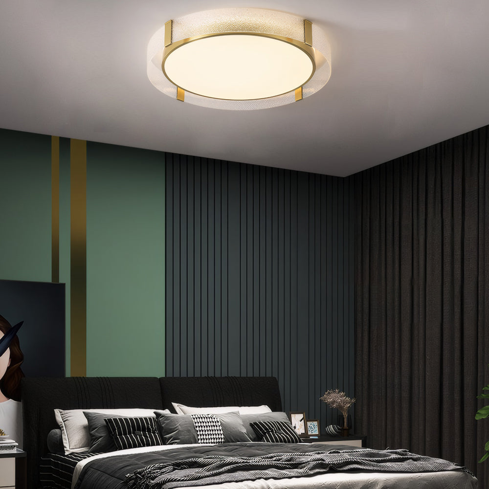 Round Copper Water Ripple Glass Flush Mount Drum Light