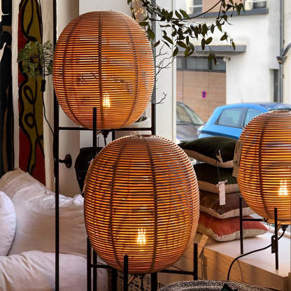 Rustic Boho Rattan and Metal Frame Accent Floor Lamp-Lighom