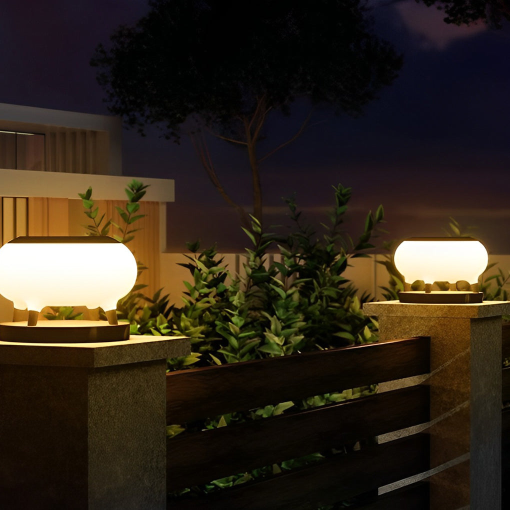 Modern round drum outdoor post lights in synthetic — 7.9"X5.9" / Solar