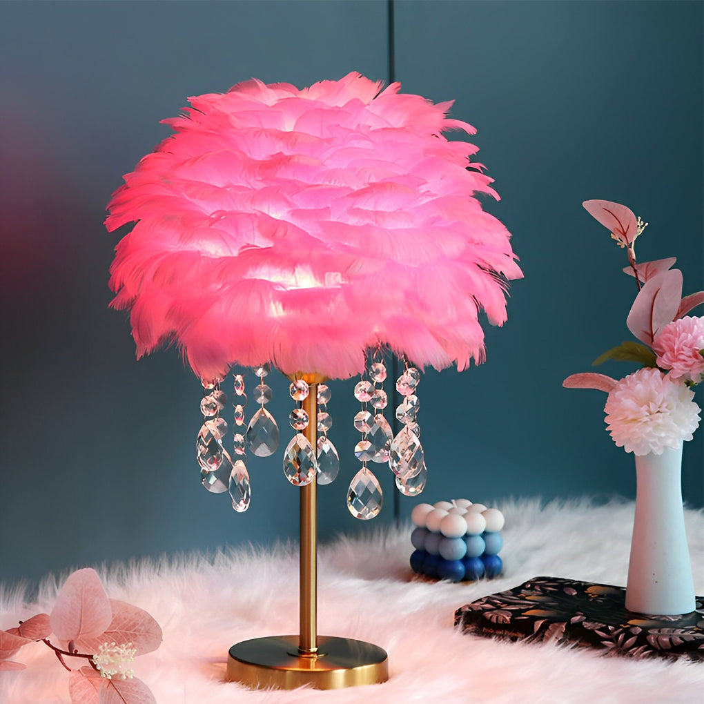 LED Feather Table Lamp with Ambient Crystal Tassels Lighting-Lighom