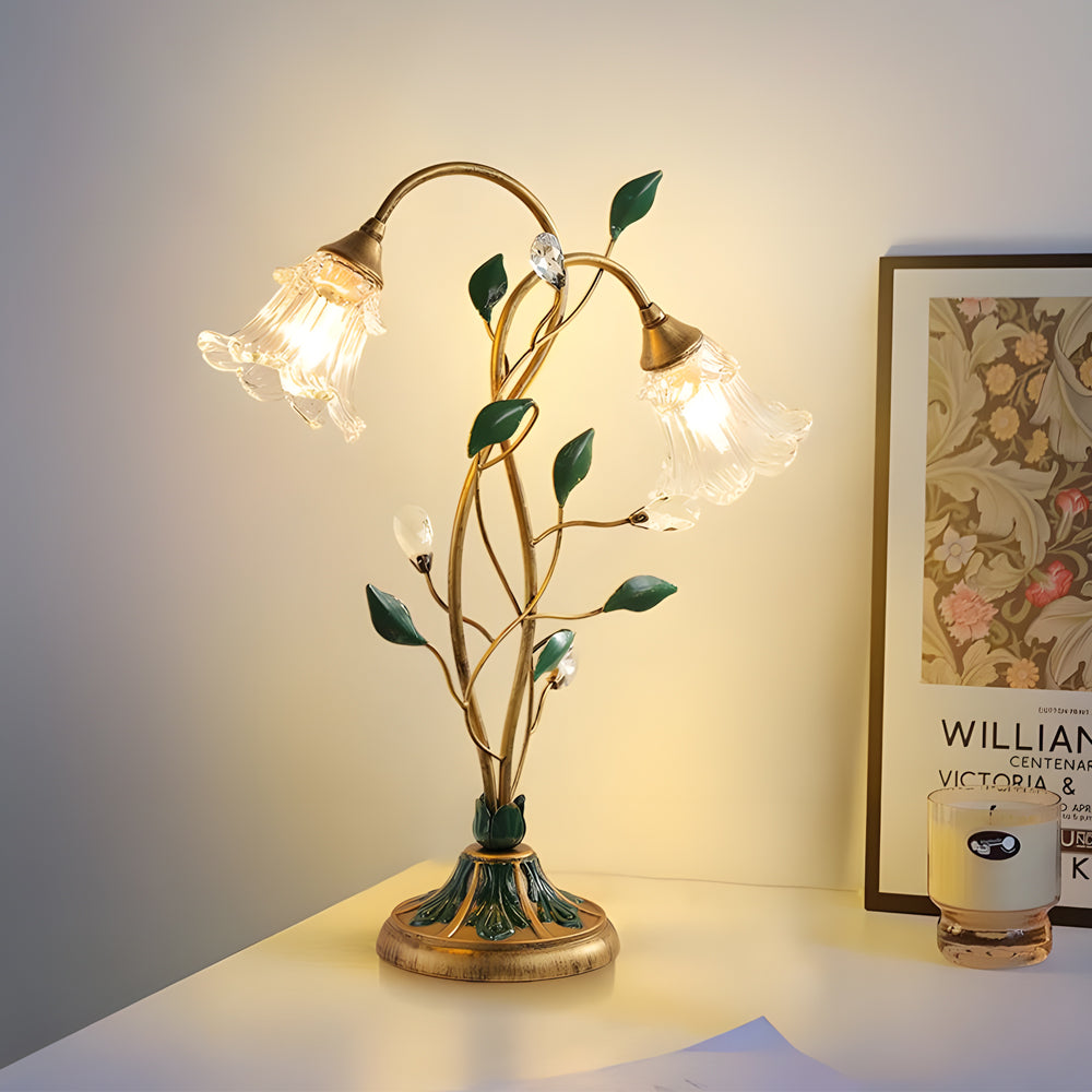 Dimmable Glass Floral Desk Lamp with Dual Lights and Leaf Accents for Ambiance-Lighom
