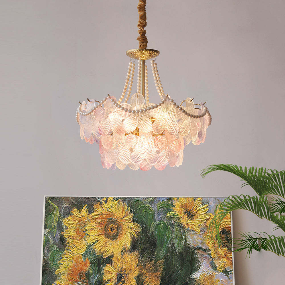 French pearl flower chandeliers in metal — 9-Light