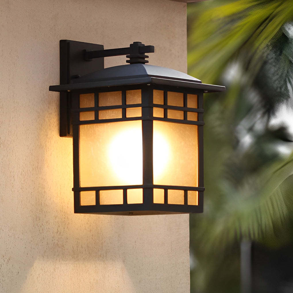 Square Retro Waterproof Yellow Glass Shade Vintage Outdoor Wall Lights-Lighom