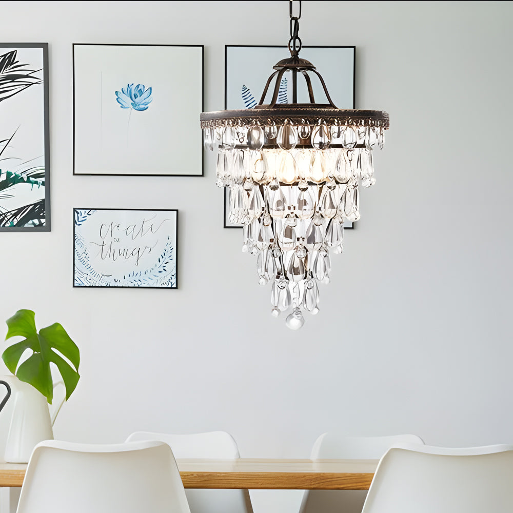 Tiered Crystal Water Drop Aged Metallic American Chandelier — 14.2''