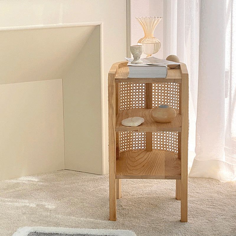 Japanese Half Oval Wood Rattan 3-Tier Nightstand