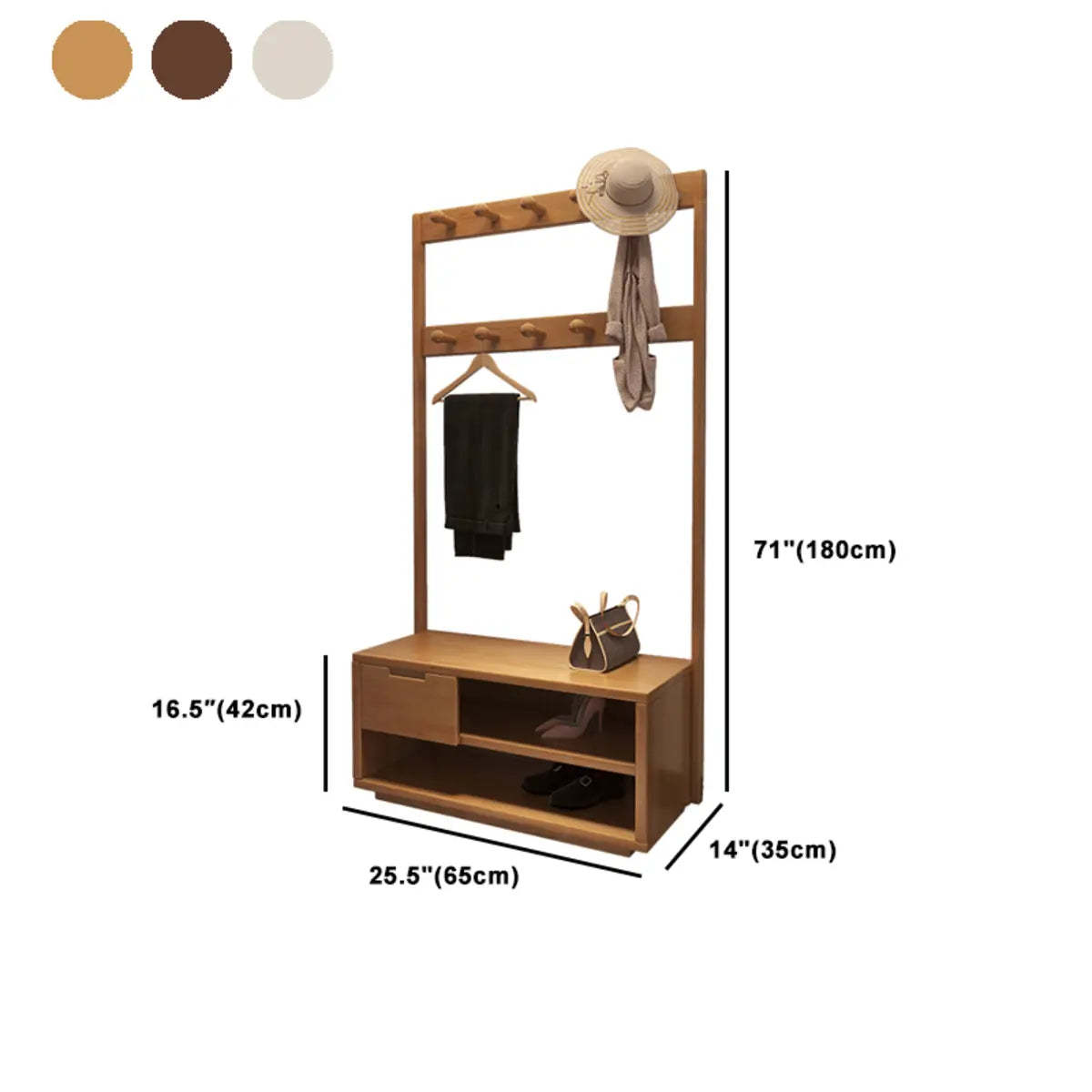 Brown Rubberwood Multifunctional Drawer Coat Rack